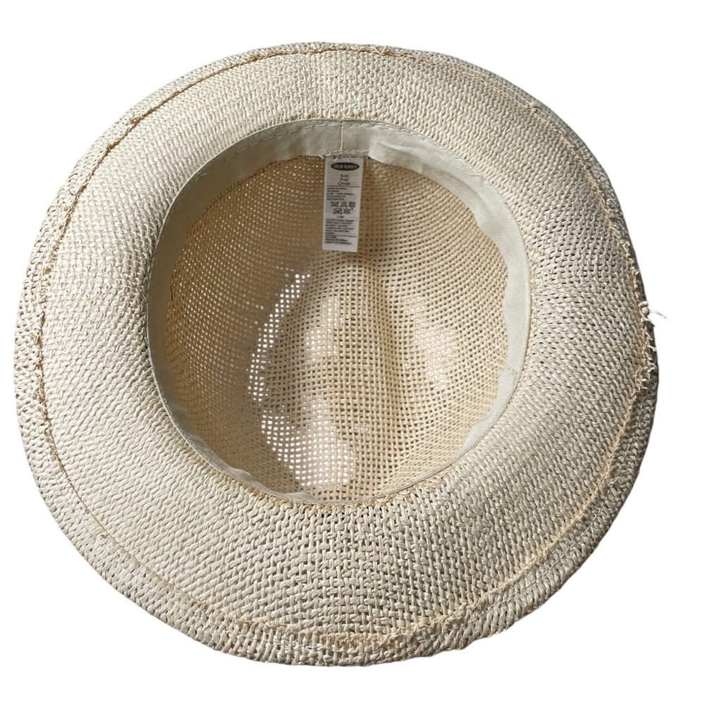 Old Navy Straw Hat Fedora Style Natural Tan Unisex Attached Brown Ribbon Band OS - Picture 3 of 6